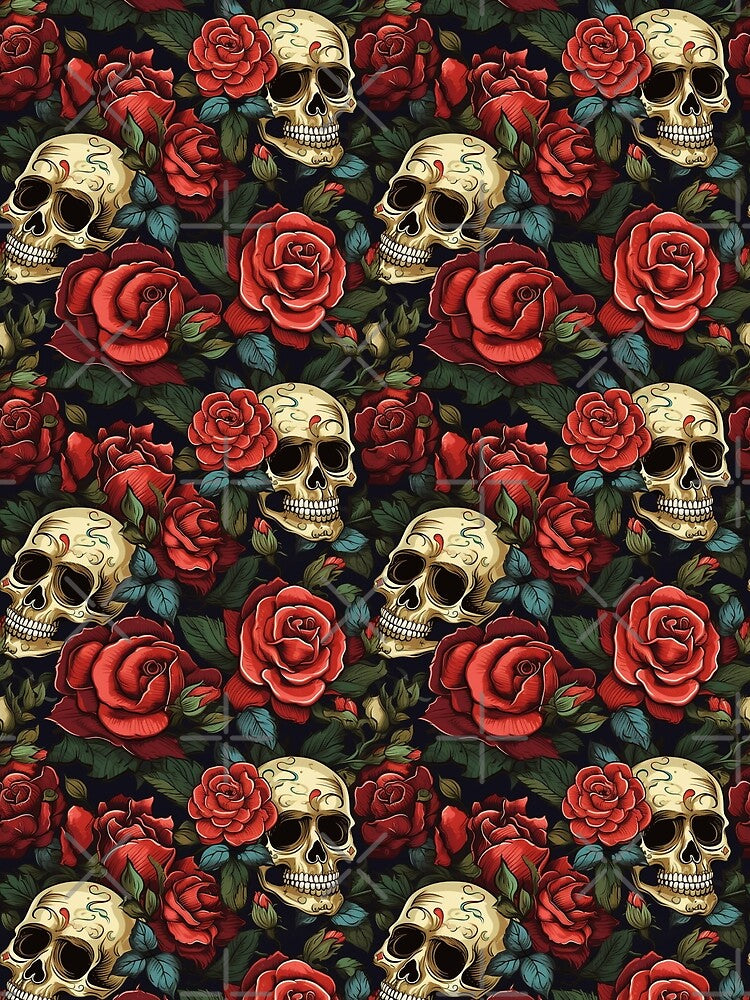 Groovy Smiling Skull Boho Red Rose pattern by ElLocoMus