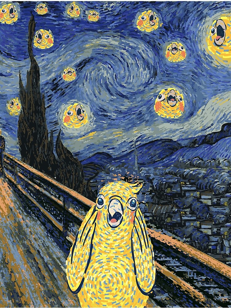 Cockatiel Starry Night - Van Gogh and Munch Birbs Parody by Birb-Merch