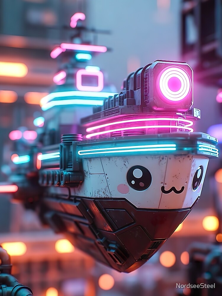 Cyberpunk Kawaii Hover Tugboat – Neon Night Smiley by NordseeSteel