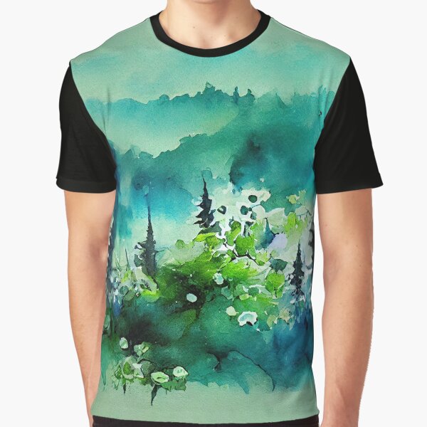 Greeny blue moody forest in fog in loose watercolor style with small cute floral elements by aricutcia... (Image 1)