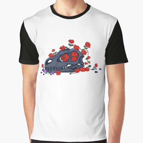 Pixel Dinosaur Skeleton with Red Flowers | Floral Retro Pixel Art by PunkVerseStudio T-Shirts, Hoodie, Sweatshirt (Image 1)