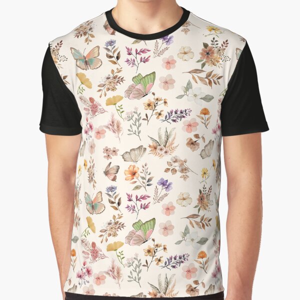 Boho Floral and Butterfly Pattern on Cream by ArtDesignRemix T-Shirts, Hoodie, Sweatshirt | BlankRebels.com (Image 1)