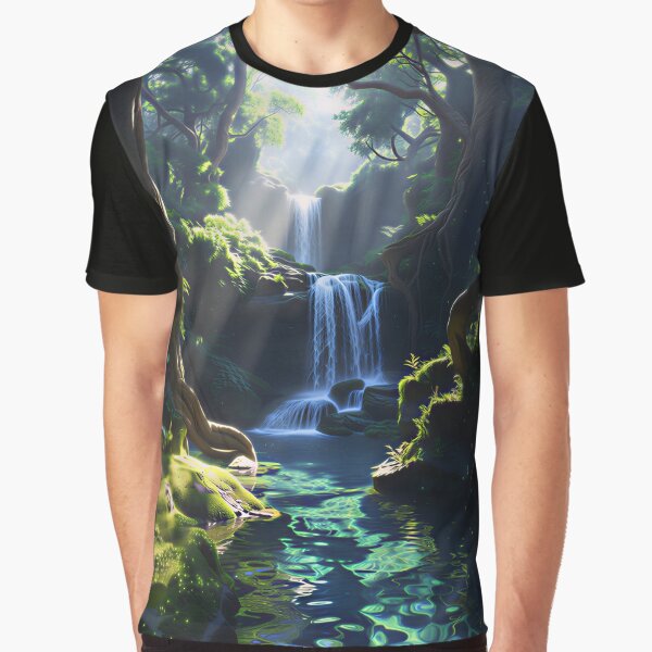 Luminous Forest Waterfall with Sunlight and Ancient Trees by Soluna Studio T-Shirts, Hoodie, Sweatshirt (Image 1)
