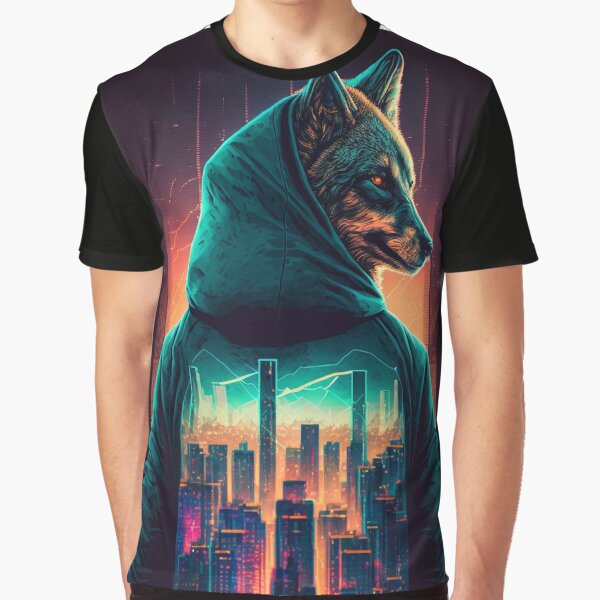 Graphic T-shirt Retro wolf in a hoodie in a retro city scape by gerry Barnaby Sweatshirt | BlankRebels.com (Image 1)