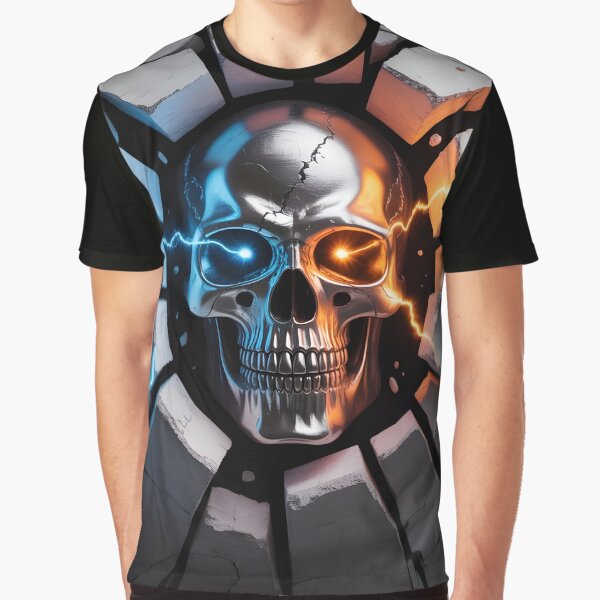 Electric Skull Breakthrough – Metallic Skull With Blue & Orange Lightning Sticker by Alwaleed112 T-Shirts,... (Image 1)