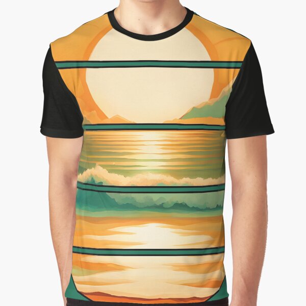 Retro Sun Beach Ocean Mountains Sky AI Art - Orange with black edge by Beachy T-Shirts, Hoodie, Sweatshirt (Image 1)