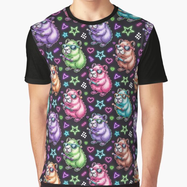 Neon Capybara Seamless Pattern Cute Chibi Retro Vaporwave Animal T-Shirts, Hoodie, Sweatshirt