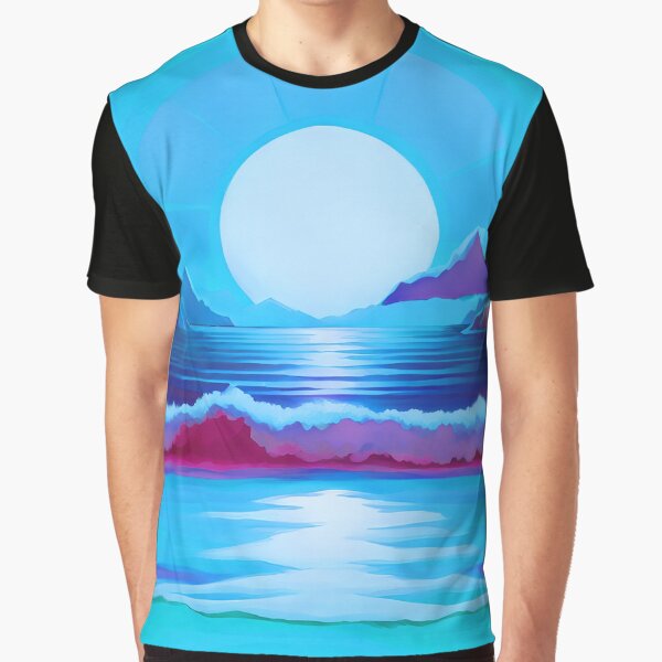 Retro Moon Ocean Beach Mountains Sky AI Art 2 of 4 by Beachy T-Shirts, Hoodie, Sweatshirt | BlankRebels.com (Image 1)