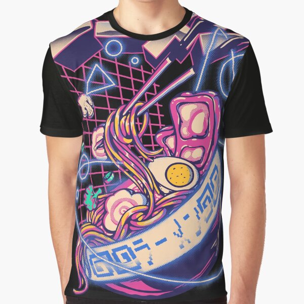 Retrowave Ramen - Ramen Retrowave With Geometric Neon elements, Cute Udon I love Noodles Instant ramen Cyberpunk Vaporwave Sun The Great Wave off synth outrun 80s 90s webcore gaming style Merch by Any Color Designs