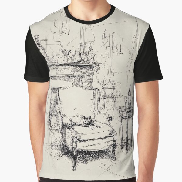 Vintage Victorian Room Sketch — Cozy Antique Scene with Cat by SleekLineSketches T-Shirts, Hoodie, Sweatshirt (Image 1)