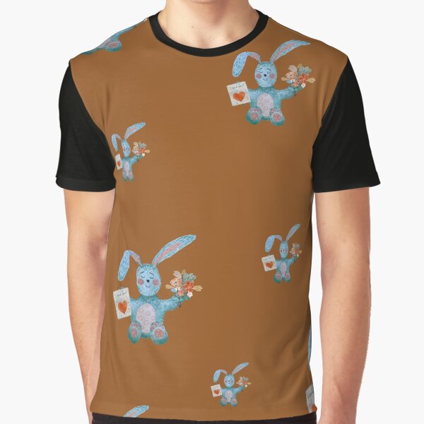Rabbit blue flower bouquet flat pattern watercolor brown by Yana Mustafina | Boho Soulful Designs T-Shirts,... (Image 1)