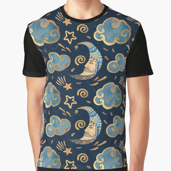 Half Moon & Cloud Night Sky Watercolour Pattern | Fantasy Mystic Sleepy Face | Gold & Blue | Half Moon Stars:... (Image 1)