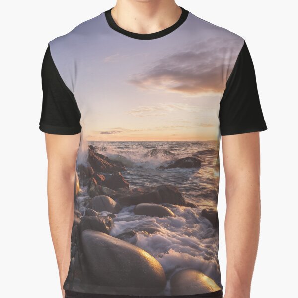Golden Sunset Waves on Rocks – Serene Coastal Glow by EK-World T-Shirts, Hoodie, Sweatshirt | BlankRebels.com (Image 1)