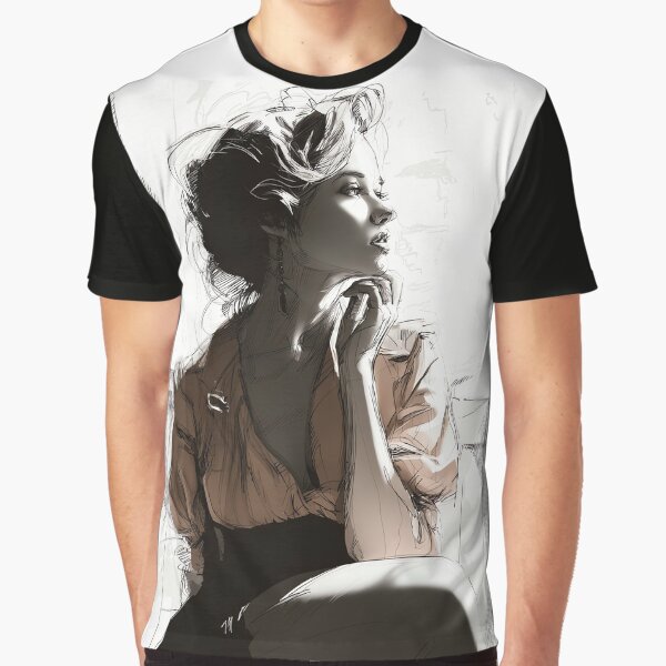 Elegant Woman in Thought - Black and White Fashion Sketch Illustration by Banal25 T-Shirts, Hoodie, Sweatshirt (Image 1)
