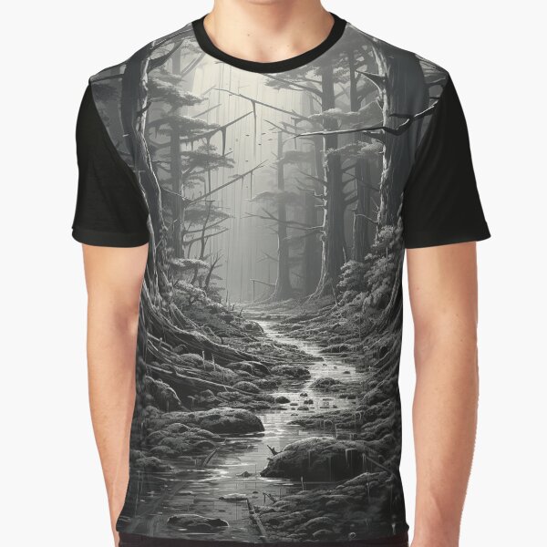Mystical Black and White Forest – Dark Nature Landscape Illustration by ElGrandeDesign T-Shirts, Hoodie, Sweatshirt (Image 1)