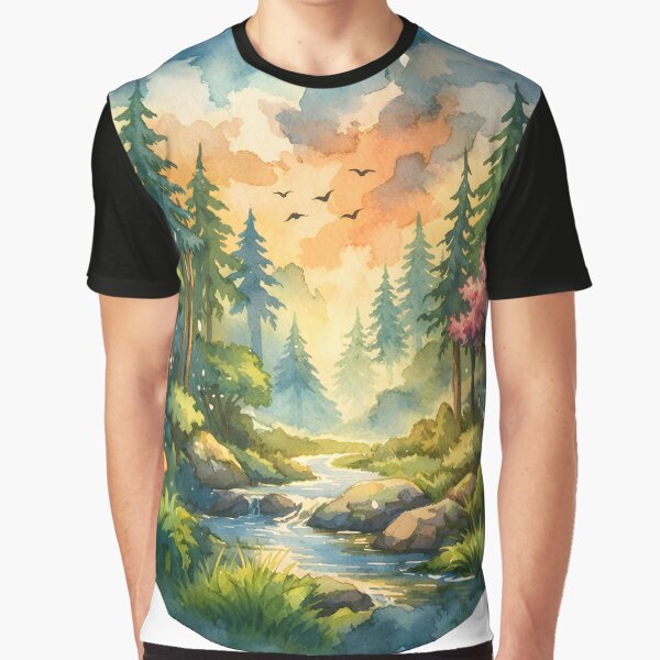 Enchanted Forest Stream Watercolor Illustration | Dreamy Nature Landscape Art by Senkov T-Shirts, Hoodie,... (Image 1)