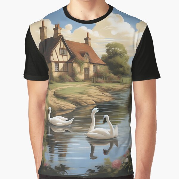 Sunny British Countryside: Sketch-Styled Cottage & Swans by PaintbrushPlace