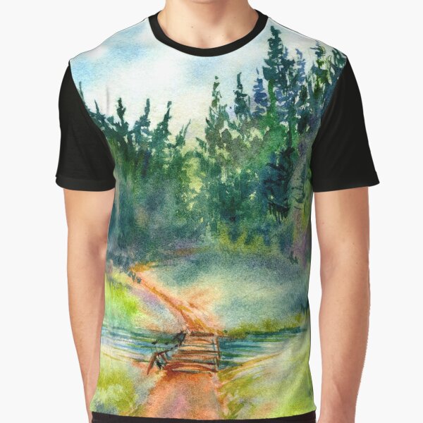 Path In The Pine Forest, Watercolor Landscape Painting by DaisyPaints T-Shirts, Hoodie, Sweatshirt (Image 1)