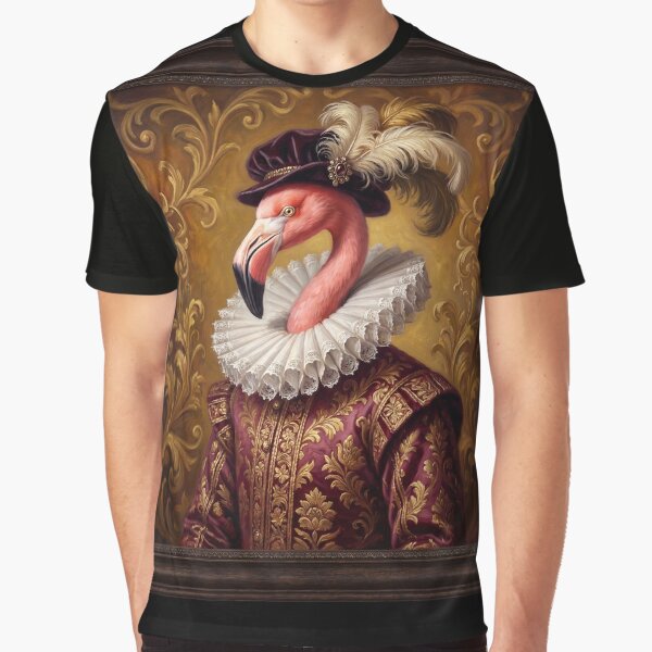 Regal Renaissance Flamingo cool animal Tudor style portrait art by Vintage Designs + T-Shirts, Hoodie, Sweatshirt (Image 1)