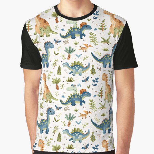 Dinosaur Cartoon Pattern - Blue, Green, Brown on White Background by amortka T-Shirts, Hoodie, Sweatshirt (Image 1)