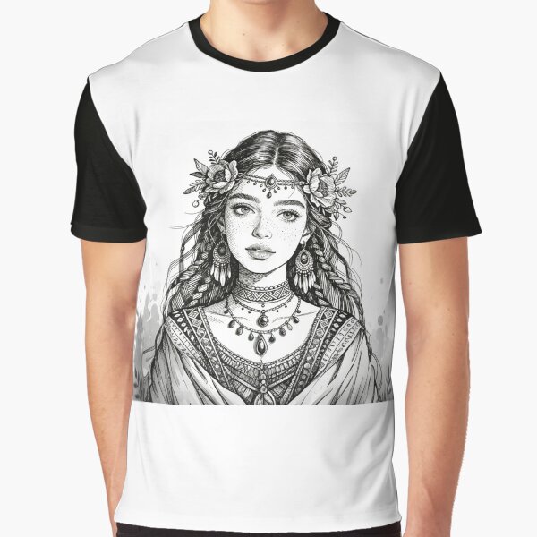 Detailed Black Ink Sketch: Bohemian Goddess Portrait with Floral Crown and Ethnic Jewelry Engraving Style by... (Image 1)
