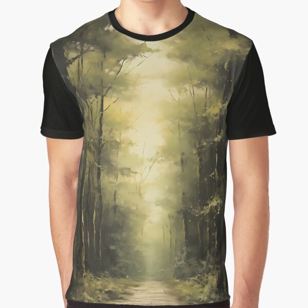Deep in the forest, woodland path surrounded by trees brush stroke painting by NBSStore T-Shirts, Hoodie,... (Image 1)