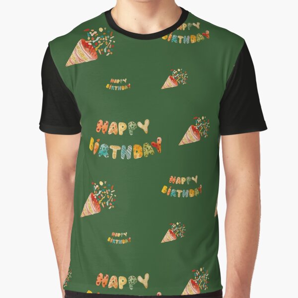 Happy birthday cute colorful pattern a watercolor green by Yana Mustafina | Boho Soulful Designs T-Shirts,... (Image 1)