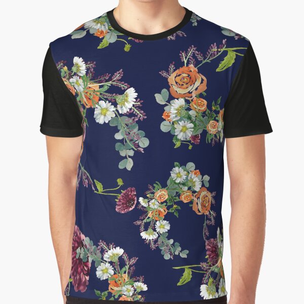 Dahlia red rose daisy pattern watercolor blue by Yana Mustafina | Boho Soulful Designs T-Shirts, Hoodie, Sweatshirt (Image 1)
