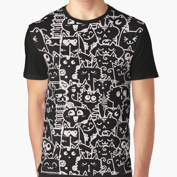 Kittie kawaii doodle pattern - White lines against black background by SpartanDStore T-Shirts, Hoodie, Sweatshirt (Image 1)