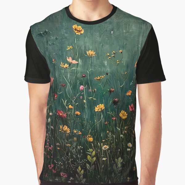 Wildflowers Dark Green Background Moody Botanical Art by Velvetia T-Shirts, Hoodie, Sweatshirt | BlankRebels.com (Image 1)