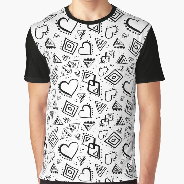 Hand Drawn Bohemian Hearts and Triangle Pattern (Black on White) by randrgiftshop T-Shirts, Hoodie, Sweatshirt (Image 1)