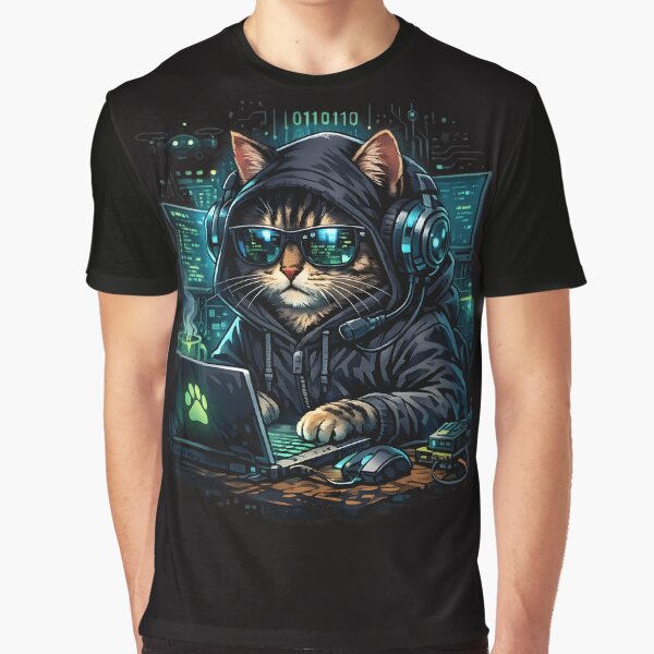 Elite Hacker Cat Cyberpunk T-Shirt | Coding Programmer Kitten in Hoodie | Funny Gamer Tech Gift by mantra2023... (Image 1)