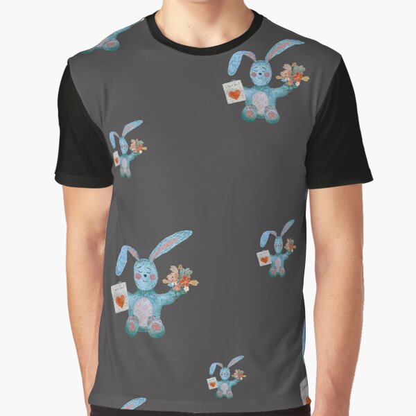Rabbit blue flower bouquet flat pattern watercolor grey by Yana Mustafina | Boho Soulful Designs T-Shirts,... (Image 1)