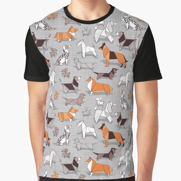 Origami doggie friends // grey linen texture background by SelmaCardoso T-Shirts, Hoodie, Sweatshirt (Image 1)
