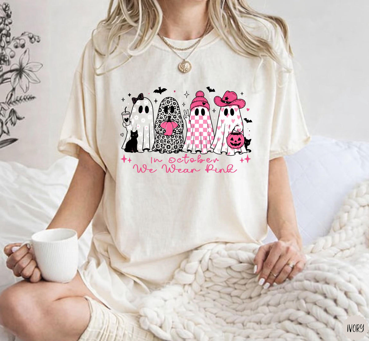 Comfort Colors October Pink Ghos Breast Cancer Awareness Tee Halloween Ghost Cancer Pink Ribbon (3)