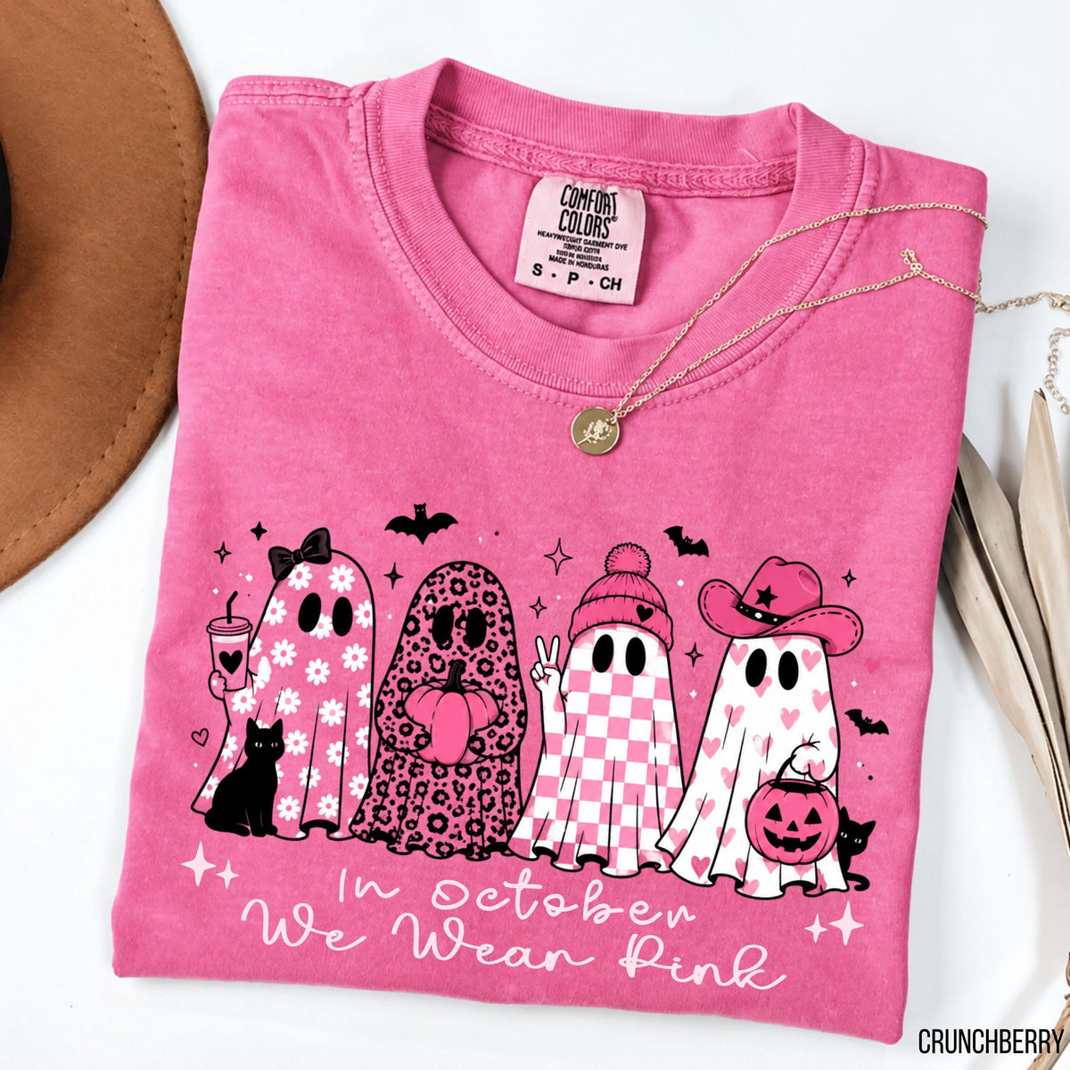 Comfort Colors October Pink Ghos Breast Cancer Awareness Tee Halloween Ghost Cancer Pink Ribbon (1)