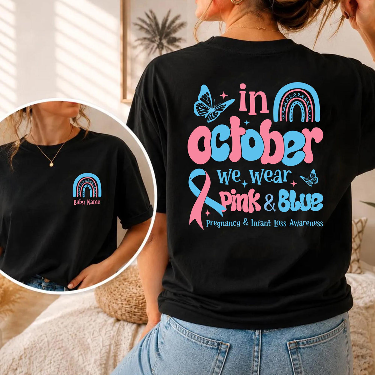 Custom Baby Name Memorial Tee October Pink Blue Pregnancy Infant Loss Awareness Miscarriage Stillbirth Walk Tee (1)