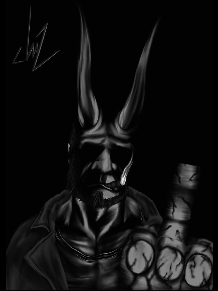 Monochrome - Boy From Hell - middle finger - (Hellboy) - with background by TheArtOfChaz