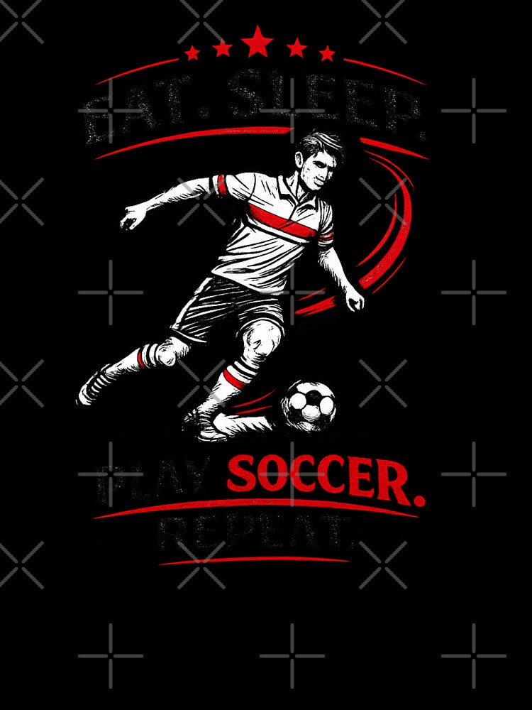 Eat Sleep Play Soccer Repeat – Retro Football Player Line Art (Black & Red) by Cleora Art