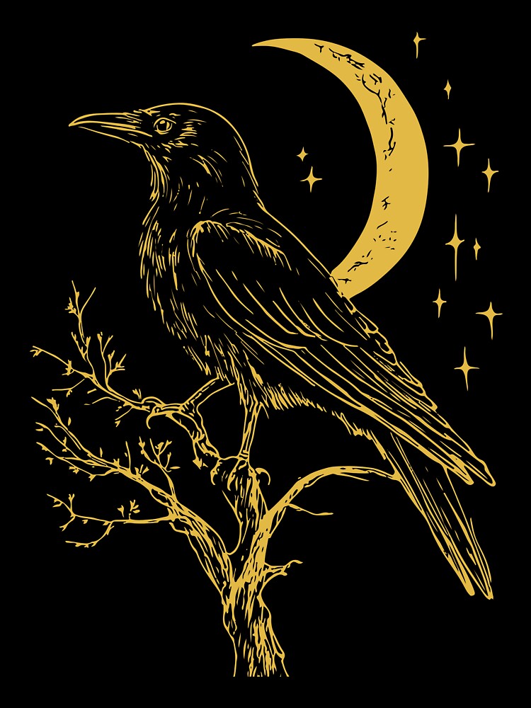 Mystic Raven Moon Art - Gothic Gold Bird Celestial Wall Decor by TuncGK T-Shirts, Hoodie, Sweatshirt (Image 3)