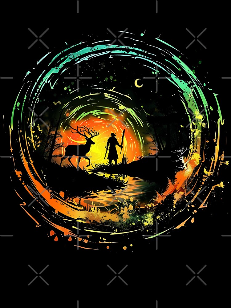 The Wanderer & The Stag” – Mystical Forest Fantasy Art with Fiery Swirls by Liva Art T-Shirts, Hoodie, Sweatshirt (Image 3)