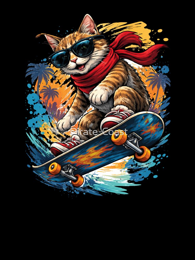 Cat skateboarding while wearing sunglasses and a red scarf by Pirate-Coast T-Shirts, Hoodie, Sweatshirt (Image 3)