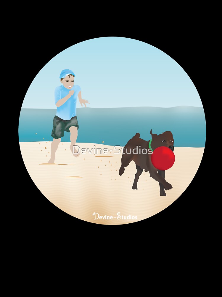 Boy and Dog Playing Ball at the Beach by Devine-Studios