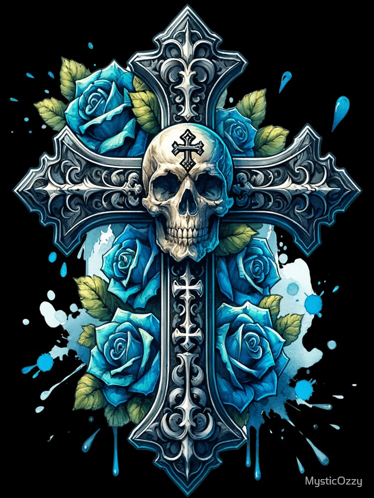 Gothic Elegance: Skull and Blue Roses Cross by MysticOzzy T-Shirts, Hoodie, Sweatshirt | BlankRebels.com (Image 3)