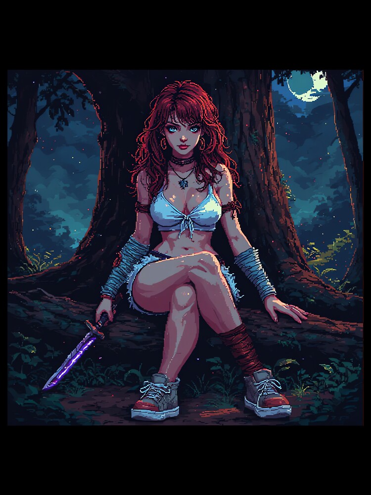 Retro Sexy Looking Girl In Forest Holding A Knive ( Dagger ) Red Hair by jimcaza T-Shirts, Hoodie, Sweatshirt (Image 3)