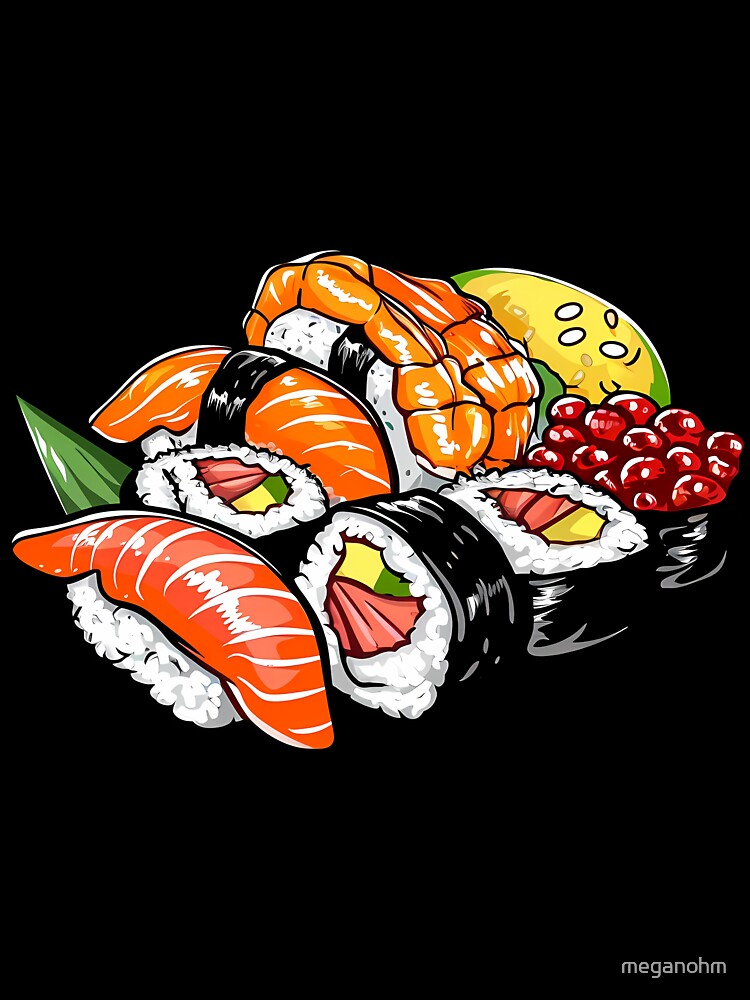 Japanese Sushi Nigiri Maki Ikura Meal Hand Drawn Food Illustration by meganohm T-Shirts, Hoodie, Sweatshirt (Image 3)