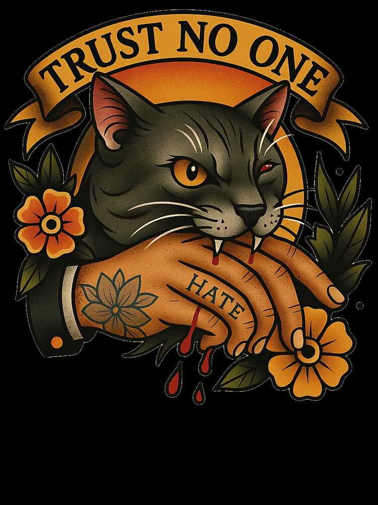 “Wild Cat Old School Tattoo – Trust No One Vintage Cat Biting Hand Design” by SPKNarg T-Shirts, Hoodie, Sweatshirt (Image 3)