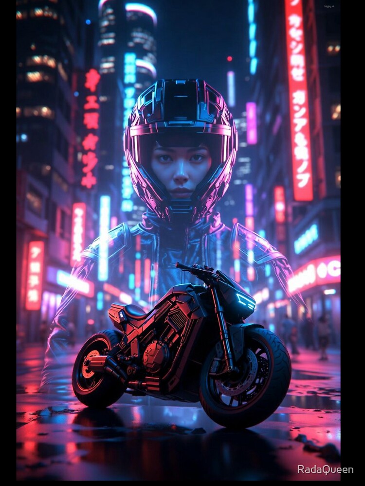 Cyberpunk Neon Female Biker – Futuristic Helmet & Motorcycle in Japanese Night City by RadaQueen T-Shirts,... (Image 3)