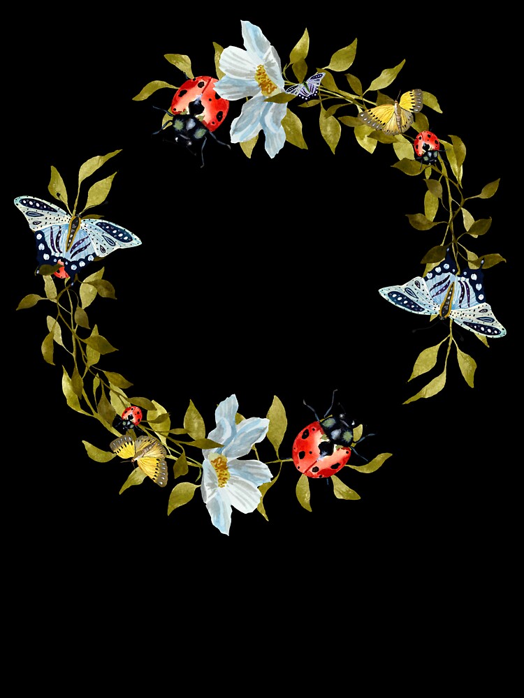 Wreath flower leaf butterfly liana cute watercolor black by Yana Mustafina | Boho Soulful Designs T-Shirts,... (Image 3)
