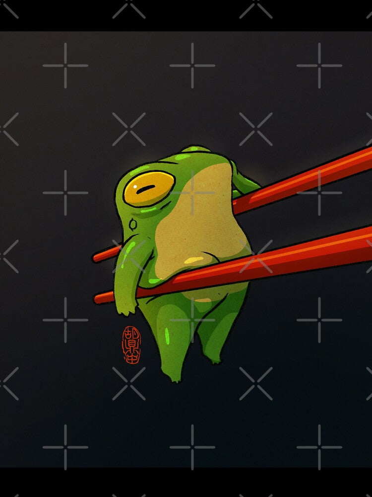 cute pudgy frog held by chopsticks asian artwork by DingHuArt